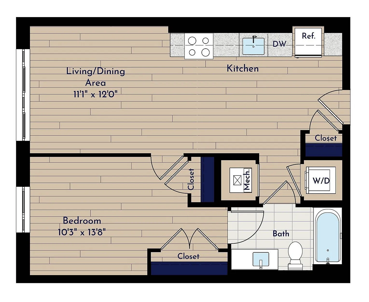 A 1BR-A1.2 One Bedroom Floor Plan | Indigo at McLean Station | Affordable Tysons Corner Apartments | Affordable McLean Apartments