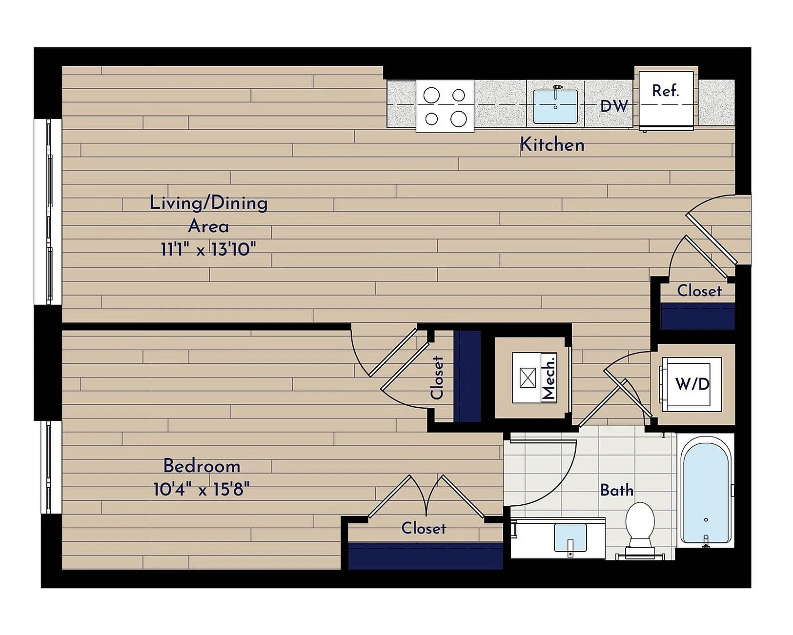 A 1BR-A1.3 One Bedroom Floor Plan | Indigo at McLean Station | Affordable Tysons Corner Apartments | Affordable McLean Apartments