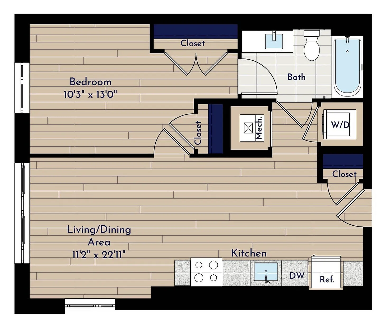 A 1BR-A1.4 One Bedroom Floor Plan | Indigo at McLean Station | Affordable Tysons Corner Apartments | Affordable McLean Apartments