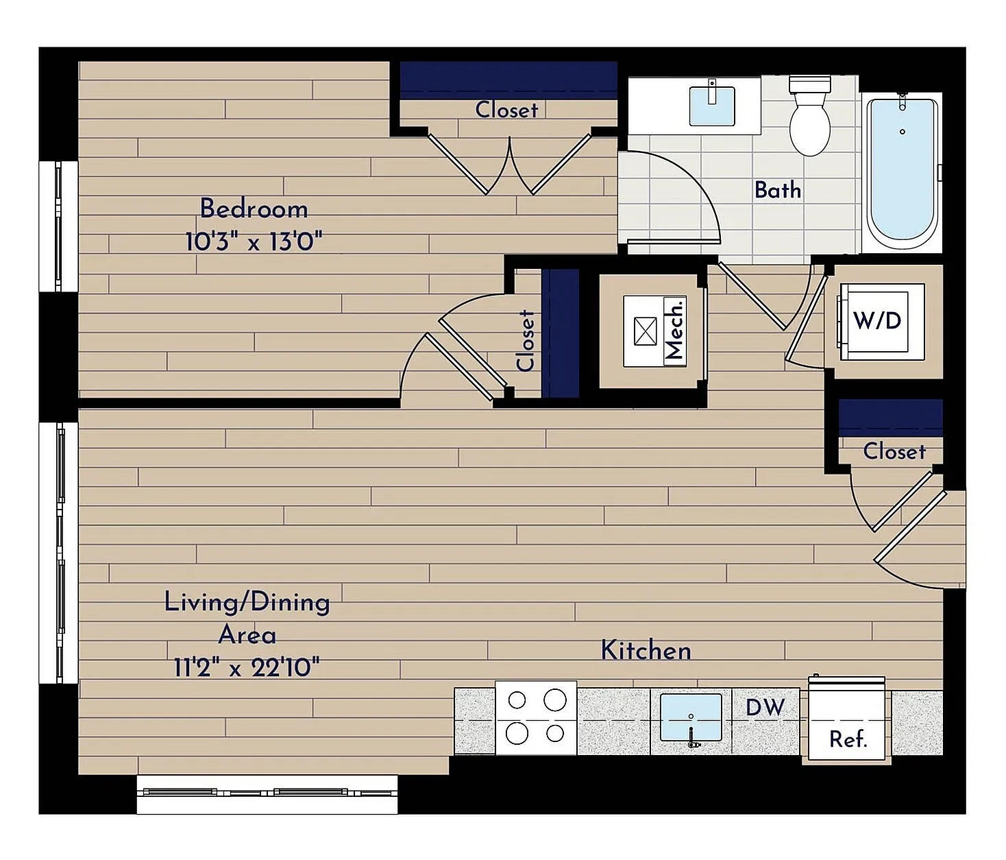A 1BR-A1.5 One Bedroom Floor Plan | Indigo at McLean Station | Affordable Tysons Corner Apartments | Affordable McLean Apartments