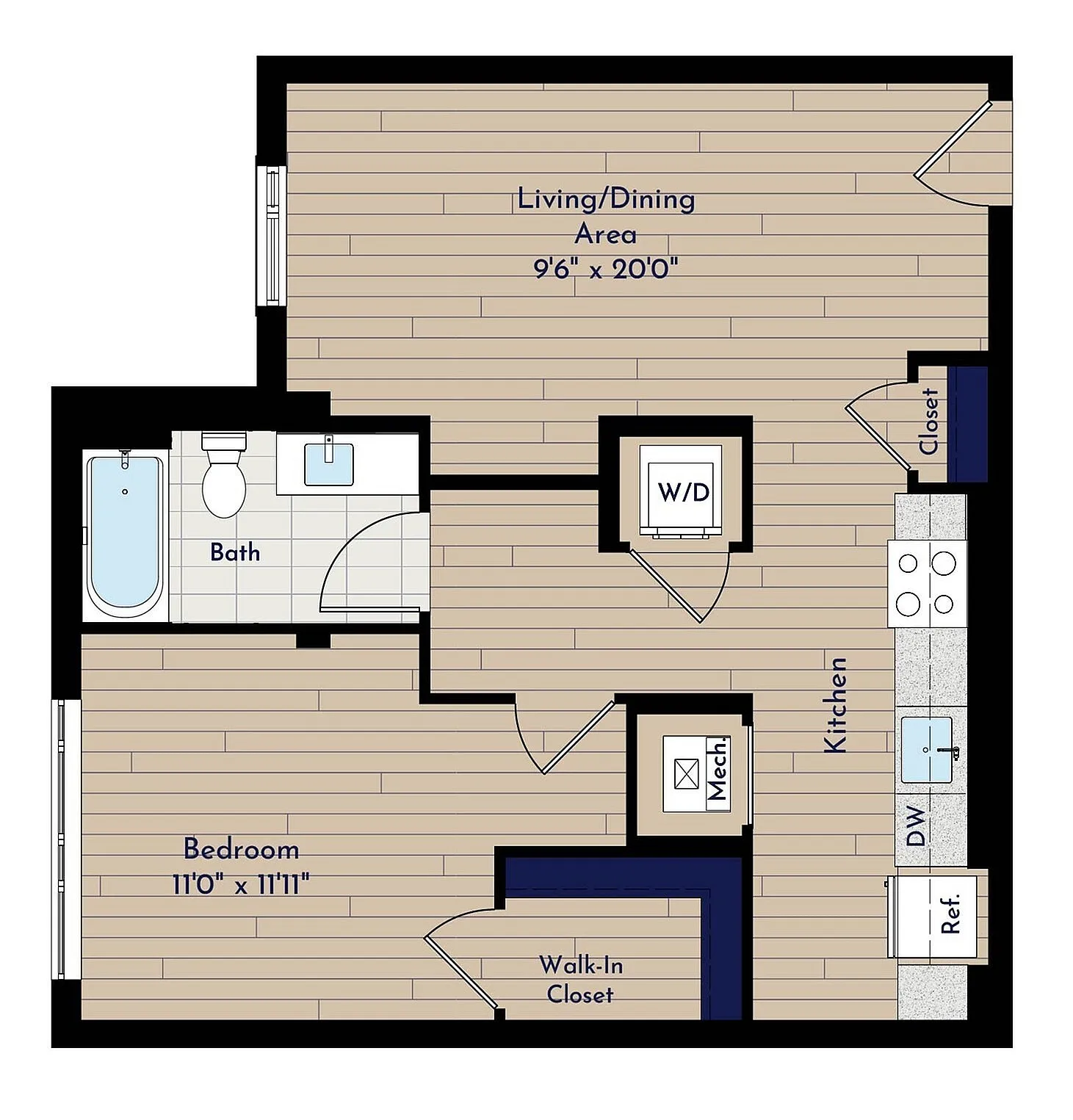 A 1BR-B Visual Hearing One Bedroom Floor Plan | Indigo at McLean Station | Affordable Tysons Corner Apartments | Affordable McLean Apartments