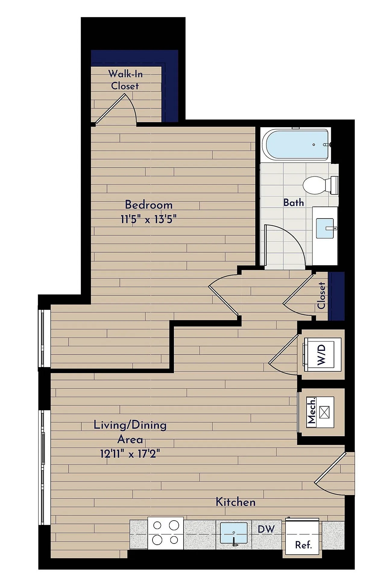 A 1BR-D1 One Bedroom Floor Plan | Indigo at McLean Station | Affordable Tysons Corner Apartments | Affordable McLean Apartments