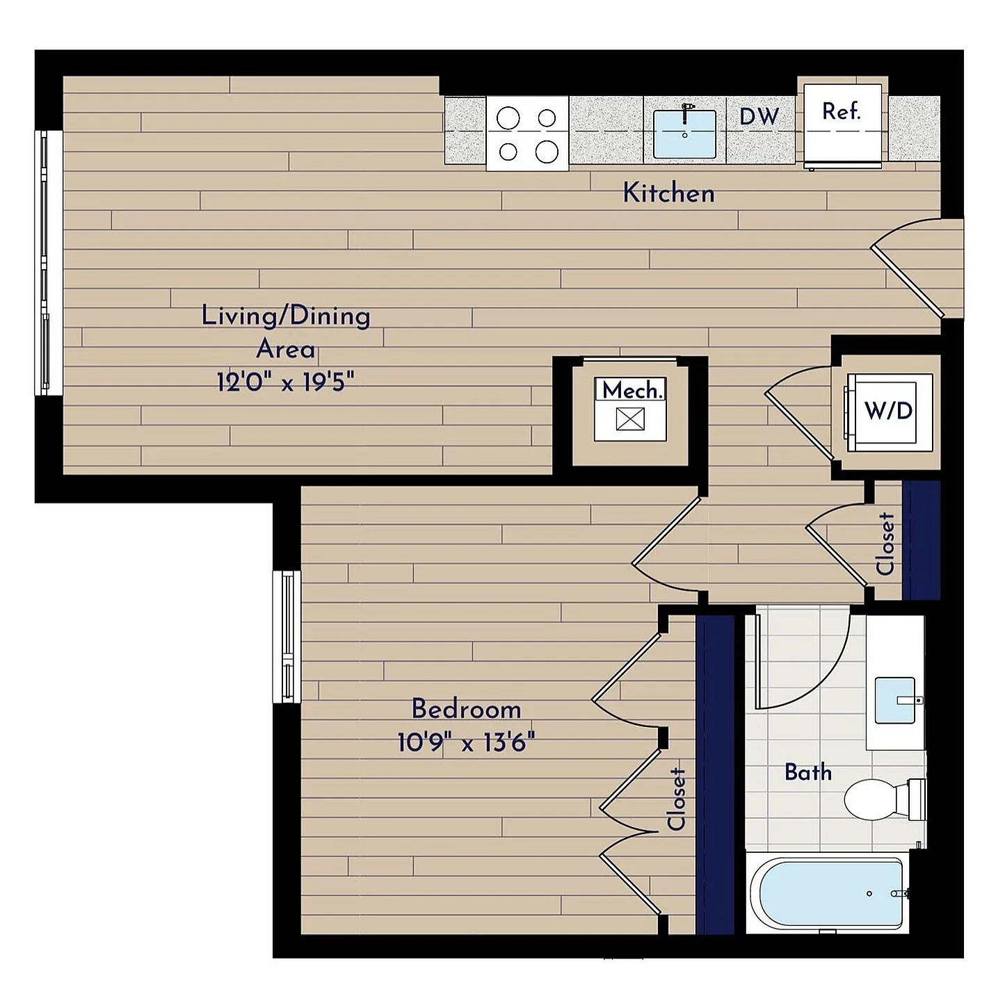 A 1BR-E One Bedroom Floor Plan | Indigo at McLean Station | Affordable Tysons Corner Apartments | Affordable McLean Apartments