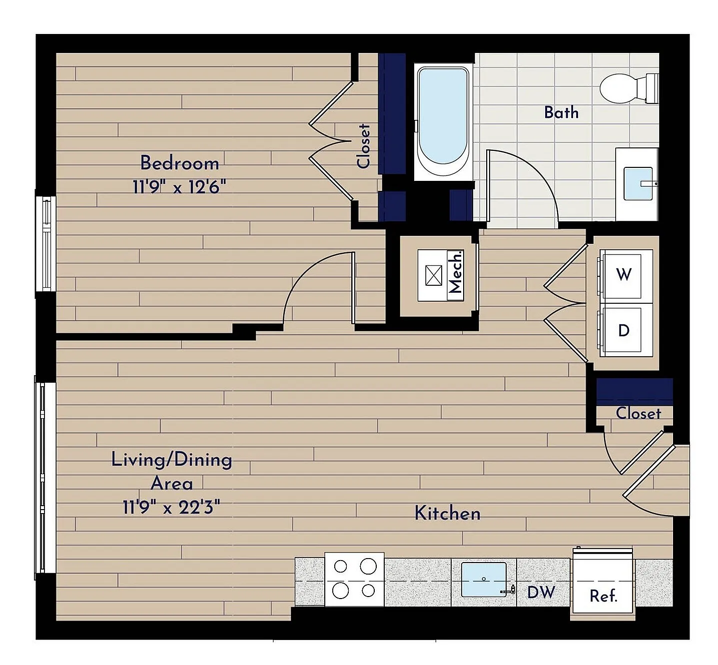 A 1BR-H ANSI One Bedroom Floor Plan | Indigo at McLean Station | Affordable Tysons Corner Apartments | Affordable McLean Apartments