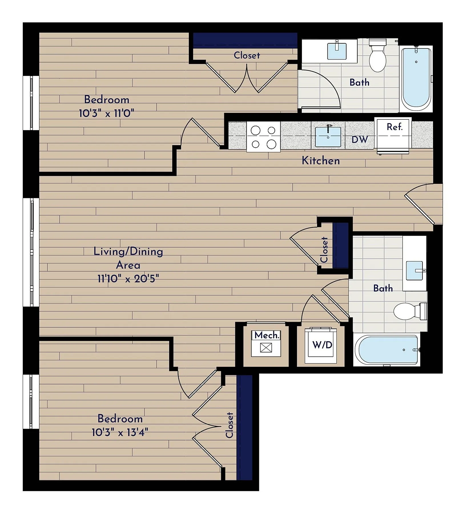 A 2BR-C Two Bedroom Floor Plan | Indigo at McLean Station | Affordable Tysons Corner Apartments | Affordable McLean Apartments