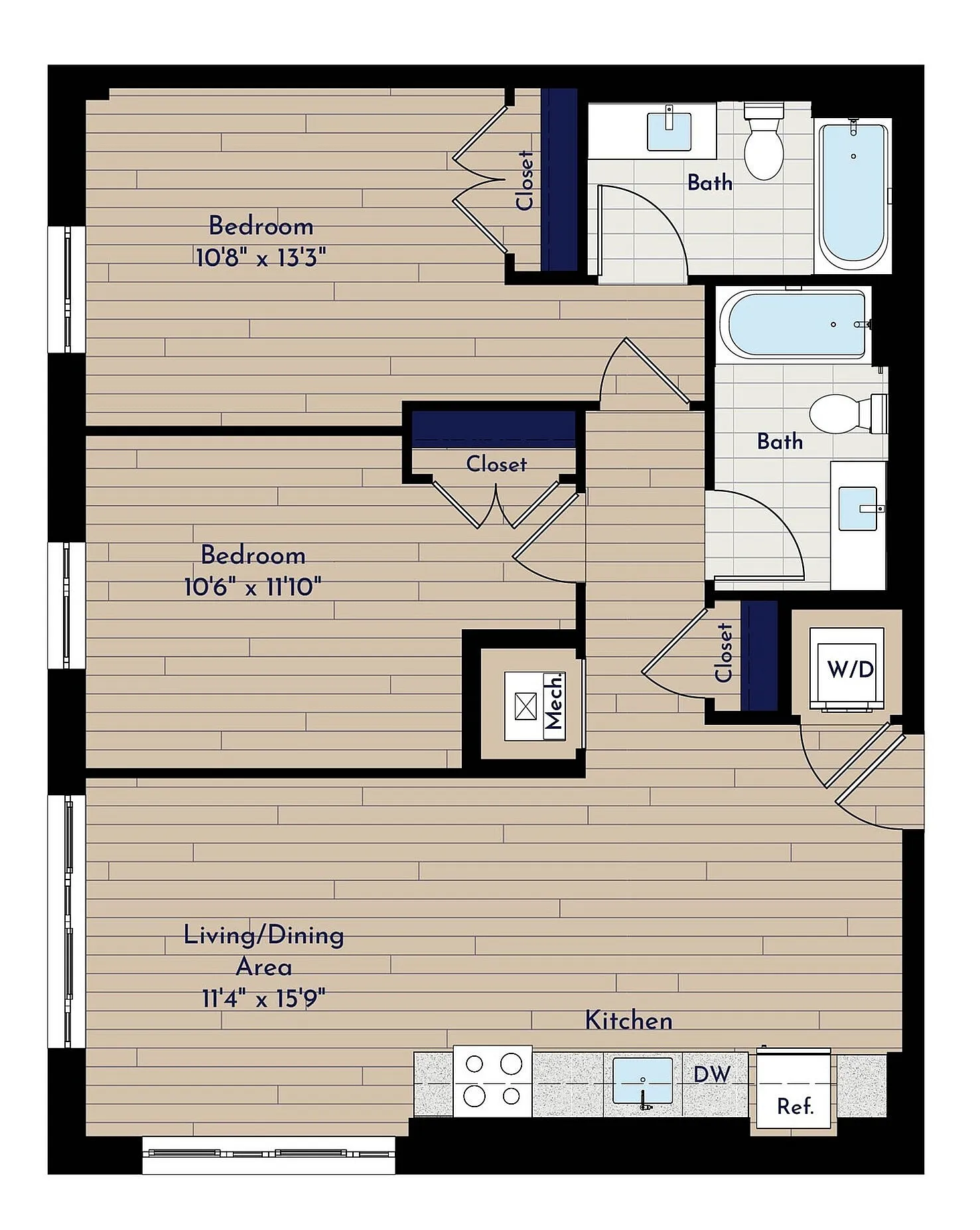 A 2BR-E1 Two Bedroom Floor Plan | Indigo at McLean Station | Affordable Tysons Corner Apartments | Affordable McLean Apartments