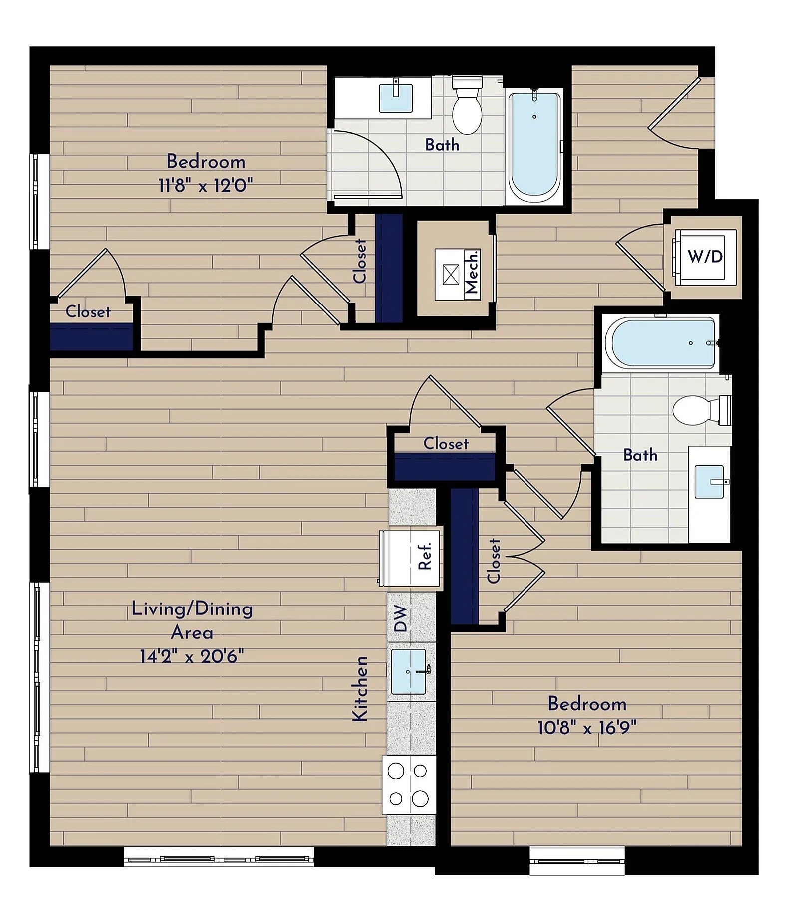 A 2BR-F Visual Hearing Two Bedroom Floor Plan | Indigo at McLean Station | Affordable Tysons Corner Apartments | Affordable McLean Apartments
