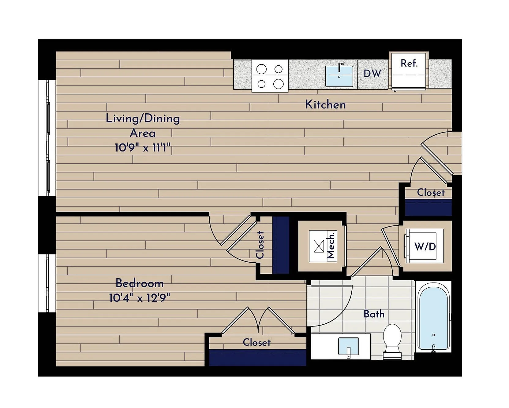 A 1BR-A1.1 One Bedroom Floor Plan | Indigo at McLean Station | Affordable Tysons Corner Apartments | Affordable McLean Apartments