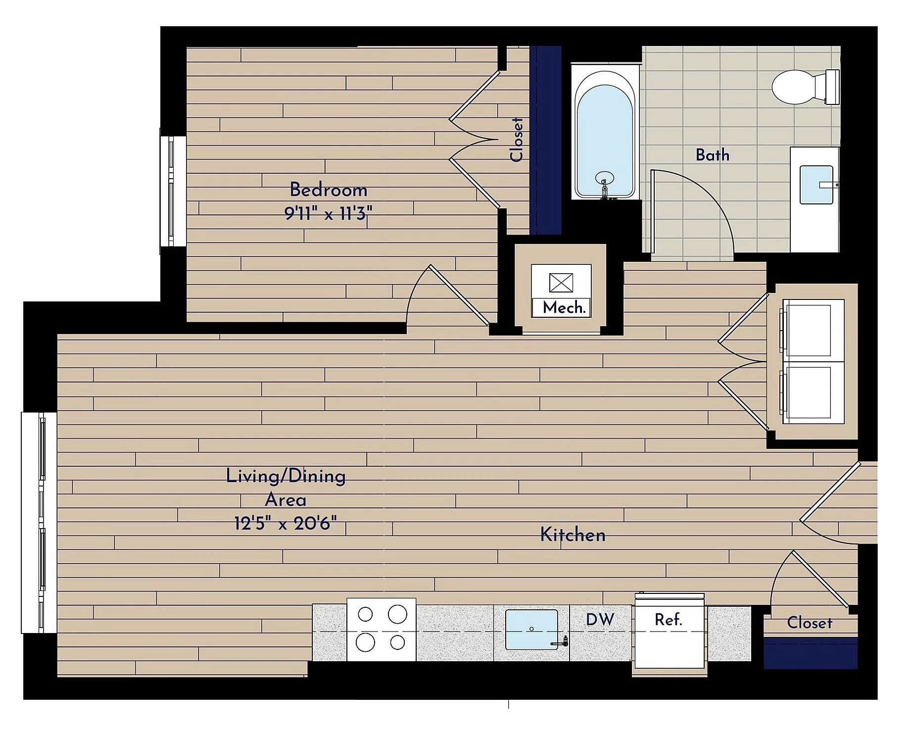 B 1BR-F One Bedroom Floor Plan | Indigo at McLean Station | Affordable Tysons Corner Apartments | Affordable McLean VA Apartments