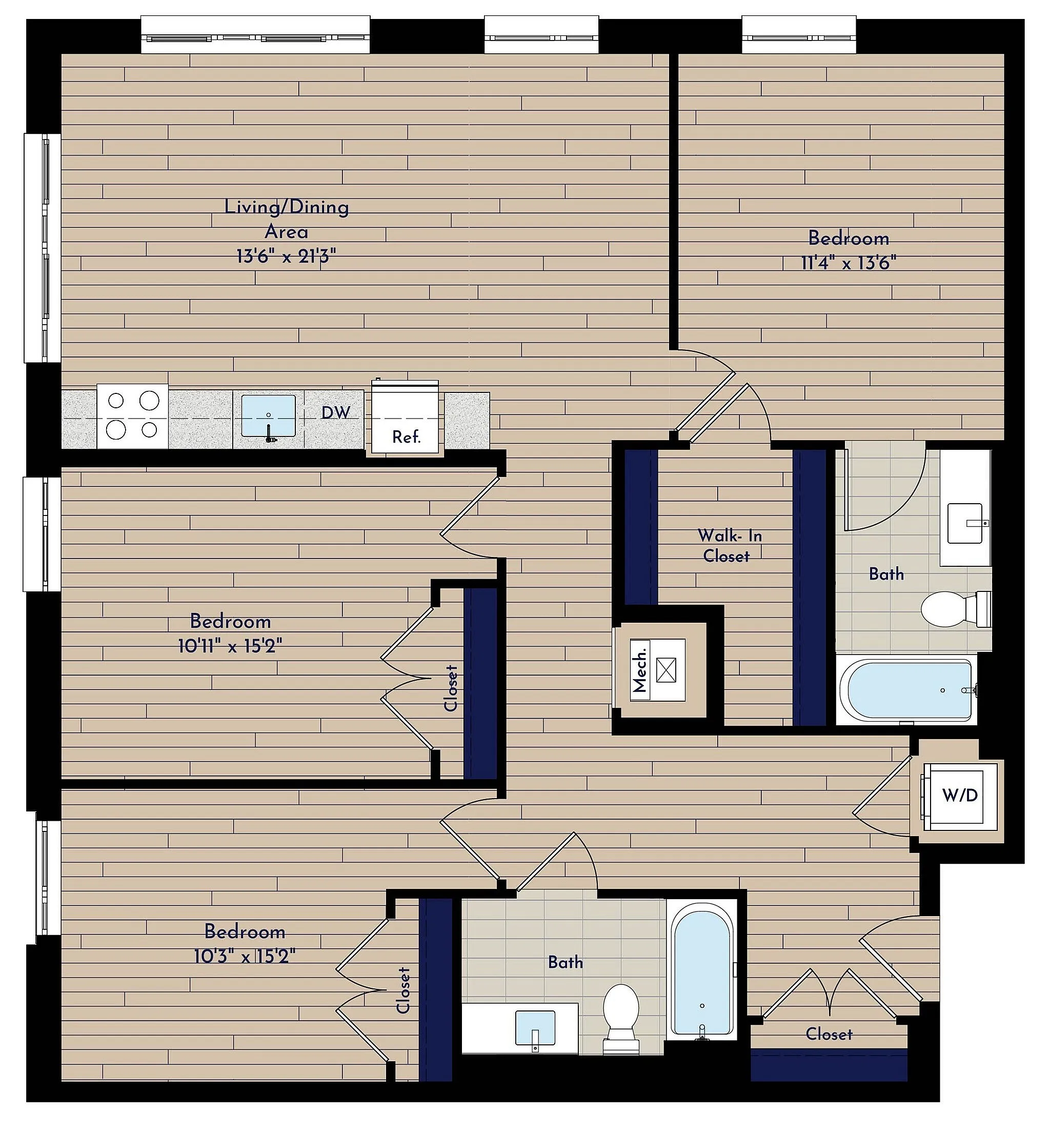 B 3BR-B1 70 Three Bedroom Floor Plan | Indigo at McLean Station | Affordable Tysons Corner Apartments | Affordable McLean VA Apartments