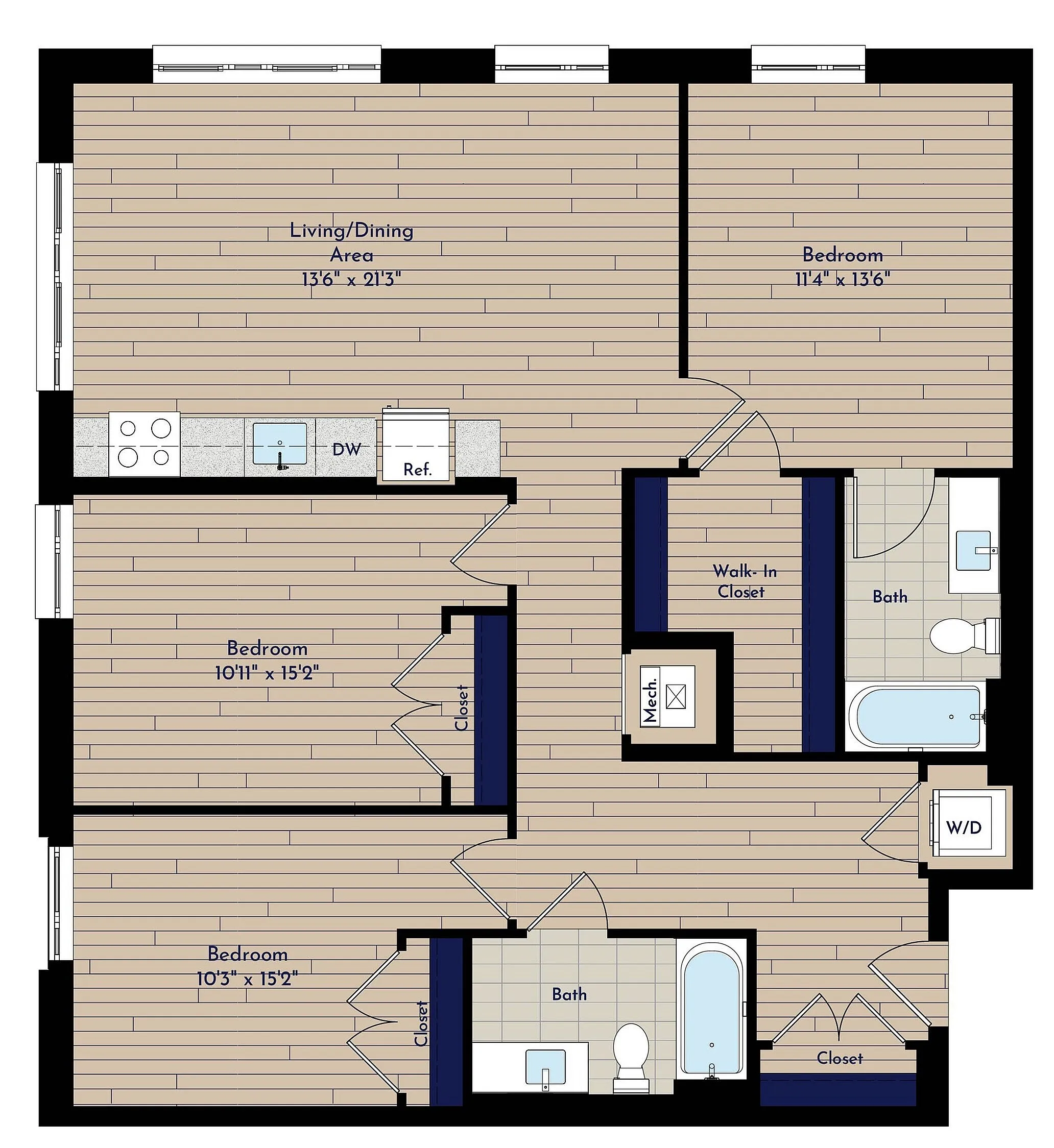 B 3BR-B1 70 Three Bedroom Floor Plan | Indigo at McLean Station | Affordable Tysons Corner Apartments | Affordable McLean VA Apartments