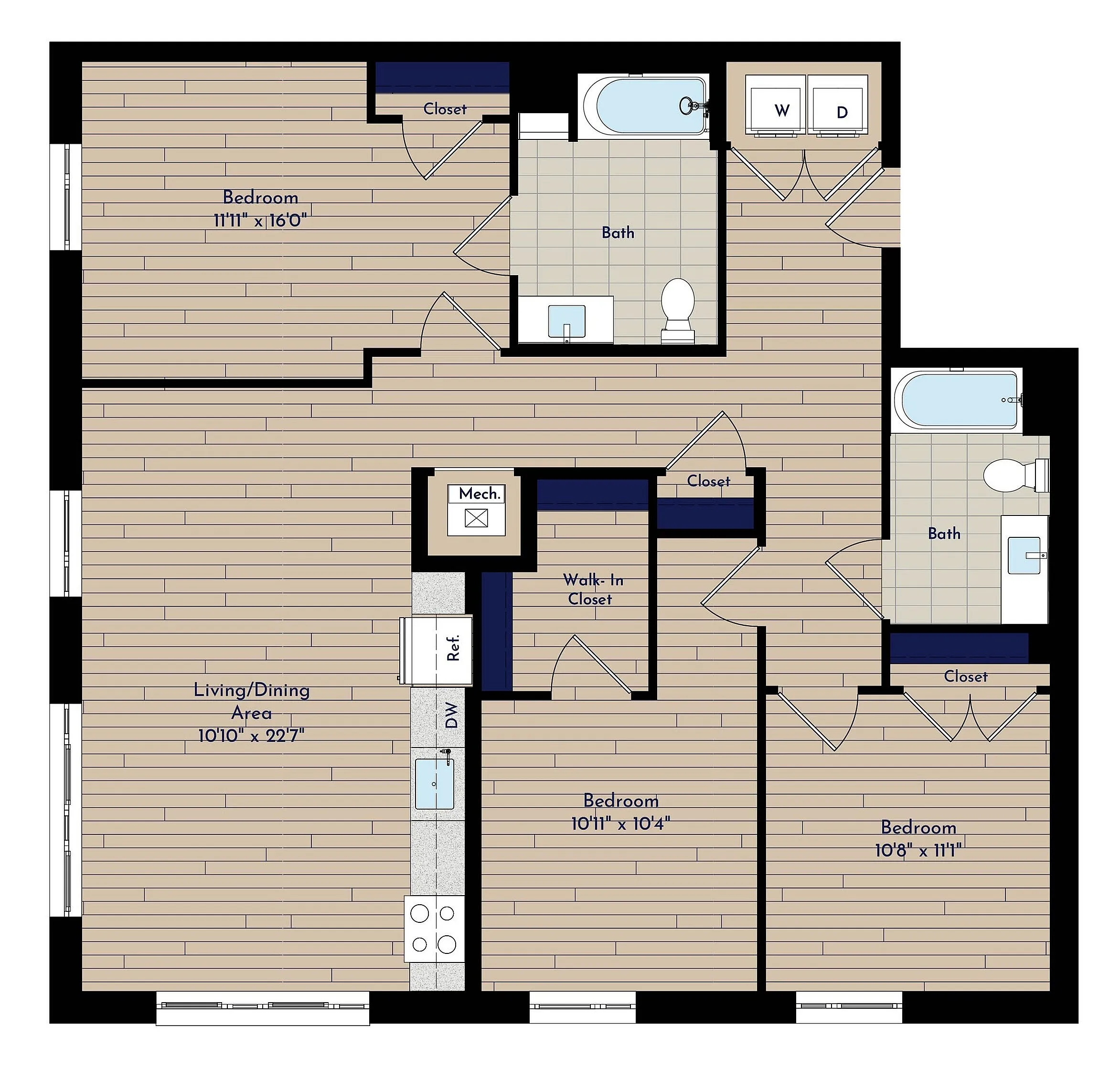 B 3BR-A ANSI-50 Three Bedroom Floor Plan | Indigo at McLean Station | Affordable Tysons Corner Apartments | Affordable McLean VA Apartments