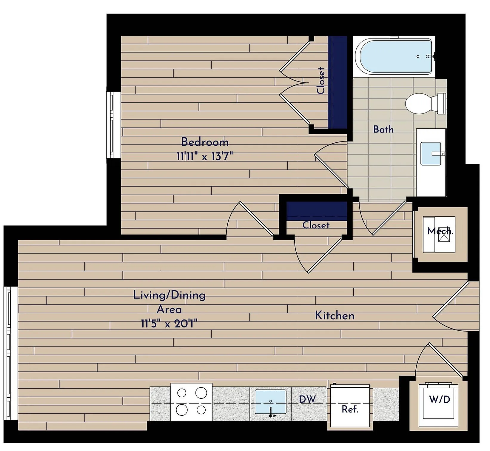 B 1BR-A One Bedroom Floor Plan | Indigo at McLean Station | Affordable Tysons Corner Apartments | Affordable McLean VA Apartments