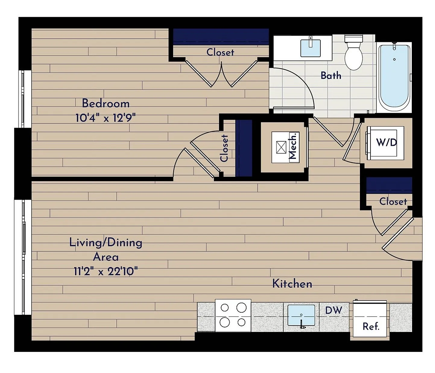 A 1BR -A1 Visual Hearing One Bedroom Floor Plan | Indigo at McLean Station | Affordable Tysons Corner Apartments | Affordable McLean VA Apartments