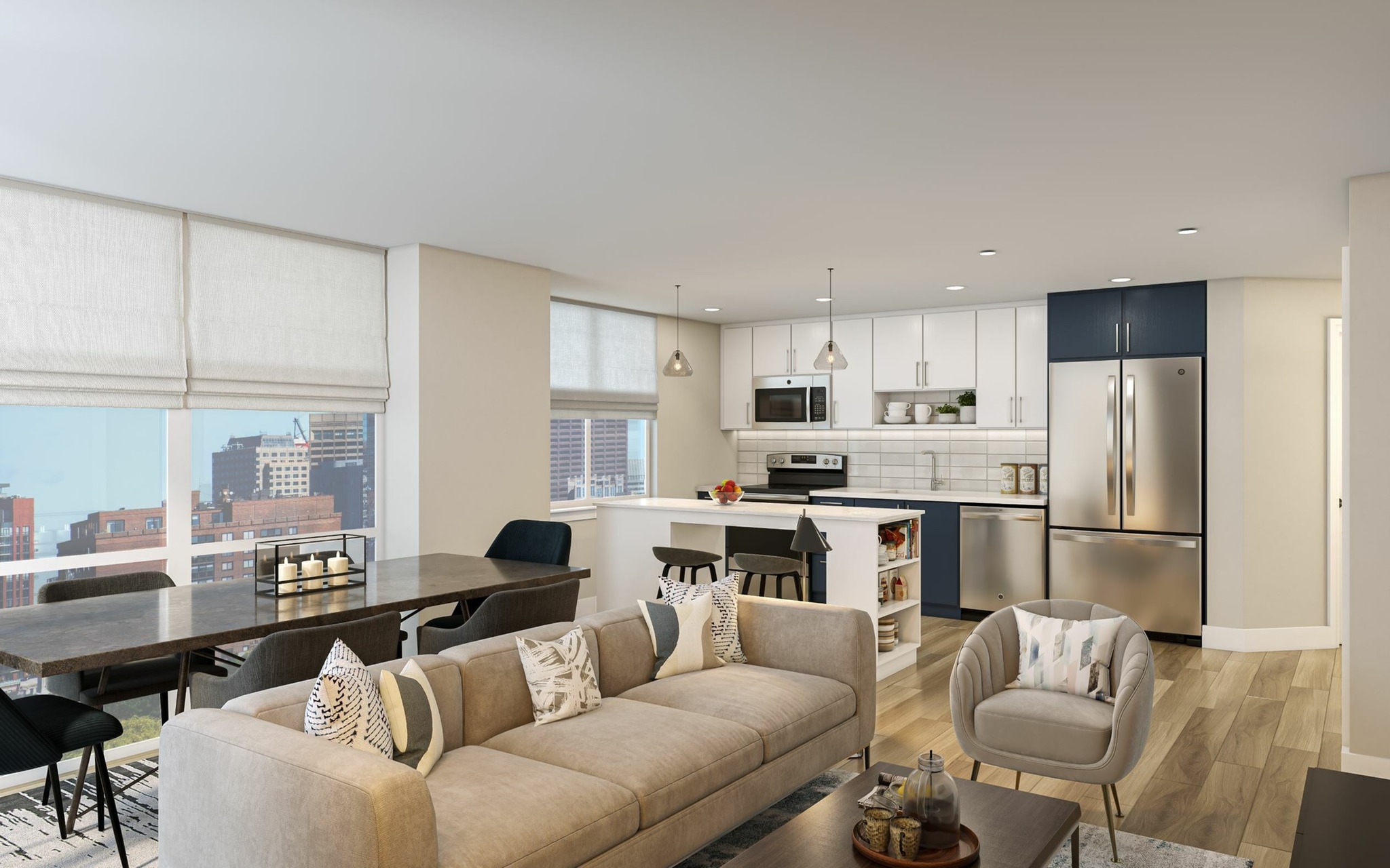 Contemporary Kitchens With Quartz Countertops, Two-Tone Cabinetry, Under-Cabinet Lighting, Energy-Efficient Stainless Steel Appliances & Islands | Meridian 2250 at Eisenhower Station | Luxury Alexandria VA Apartments