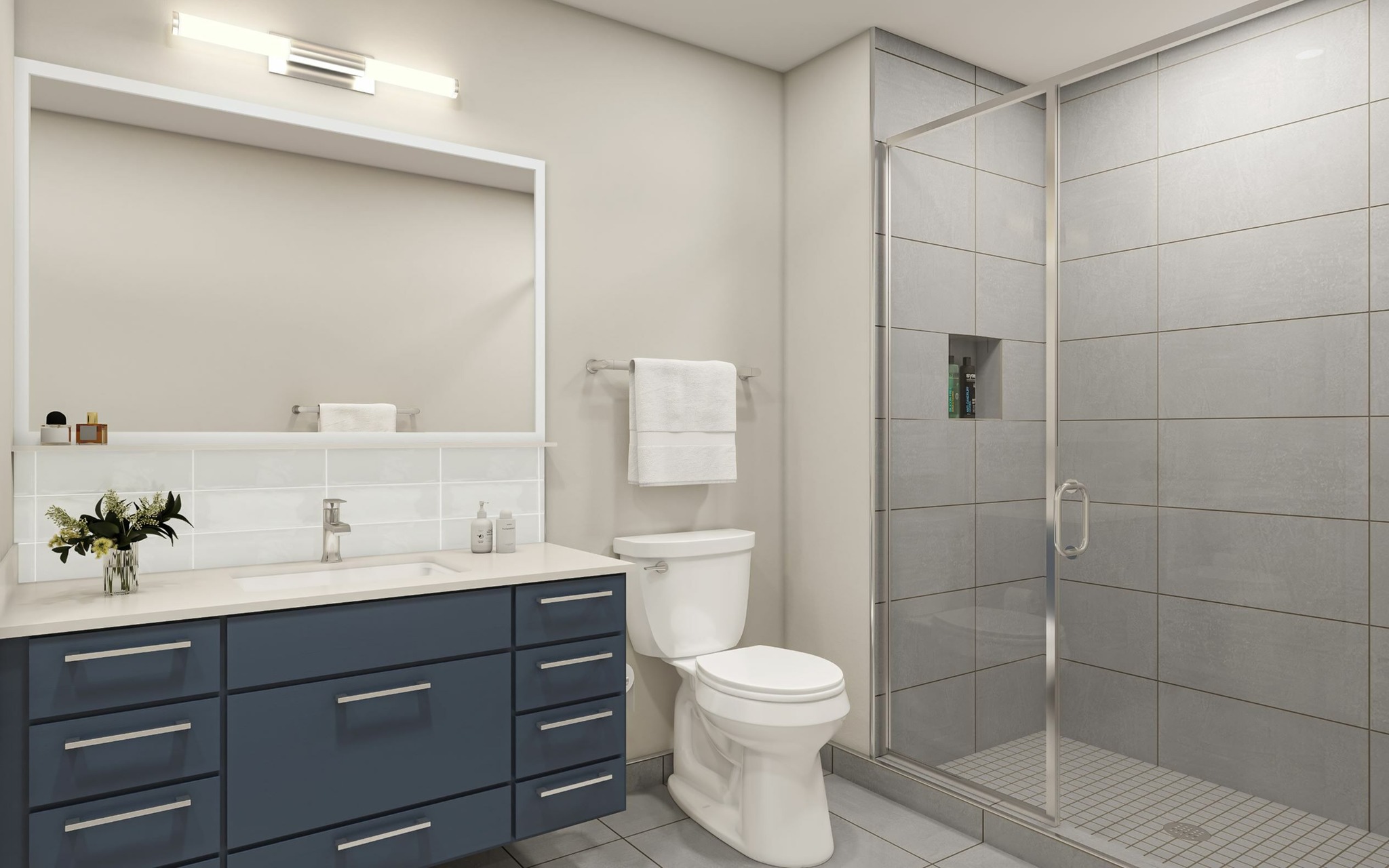 Ceramic-Tiled Bathrooms With Large Vanities & Mirrors; Select With Oversized Showers | Meridian 2250 at Eisenhower Station | Luxury Alexandria VA Apartments