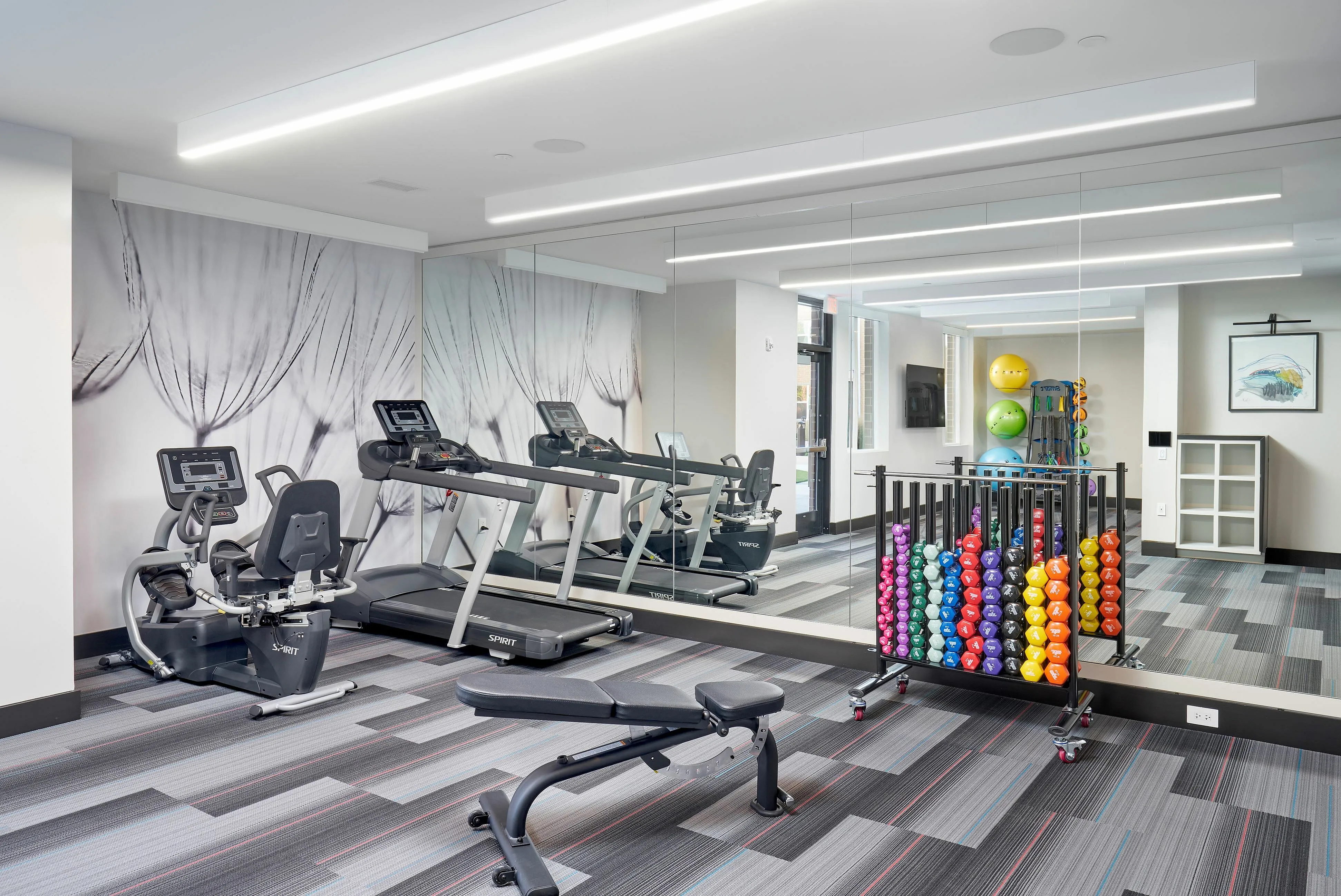 Fitness Studio With Cardio Machines, Barre, Dumbbells, Stability Balls, Bands & More | Belmont at One University | Affordable Senior Apartments | Affordable Fairfax VA Apartments