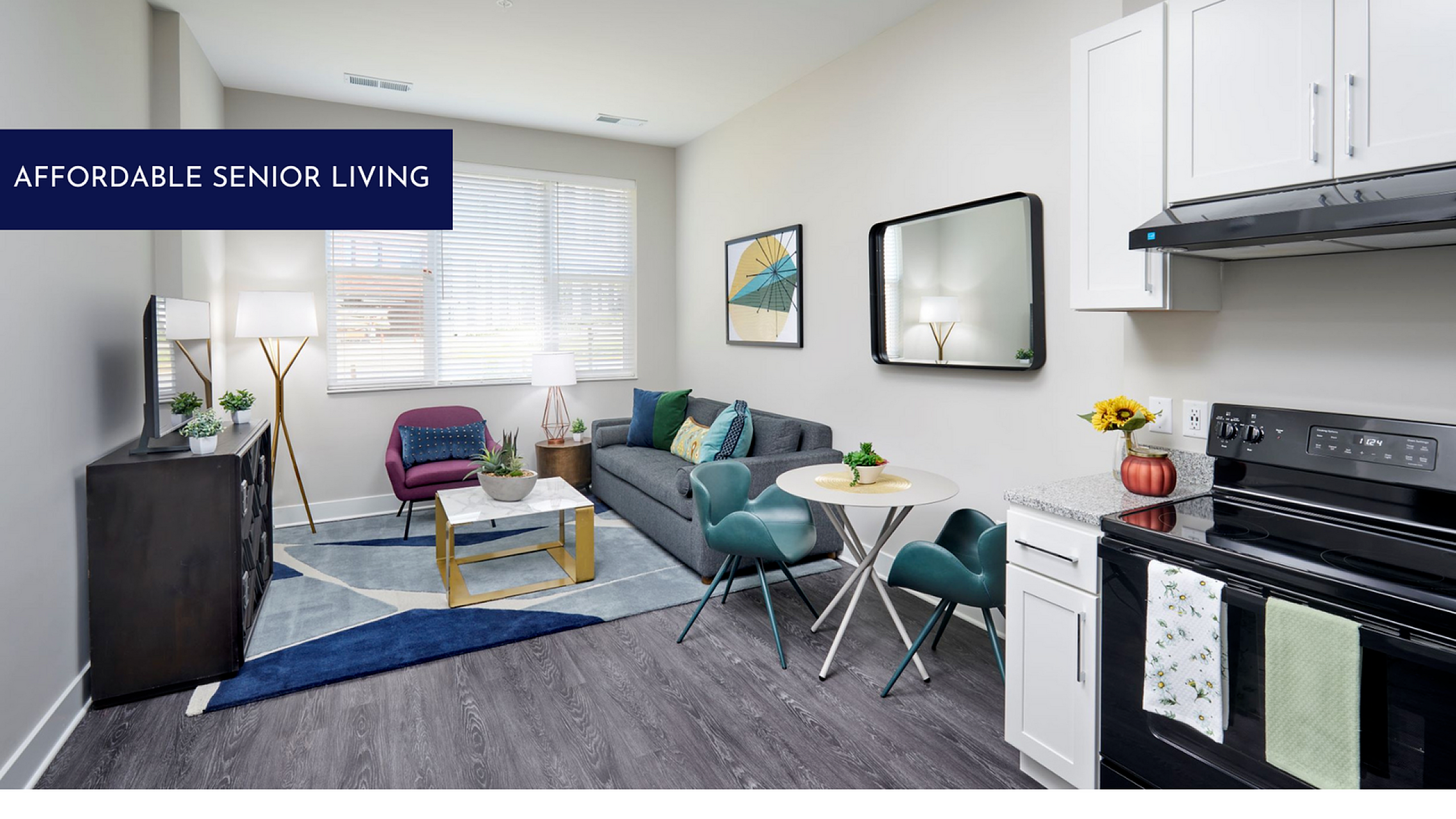 Photo of Belmont Kitchen and Living Room With Move In Today | Belmont at One University | Affordable Fairfax VA Apartments | Affordable 62+ Apartments
