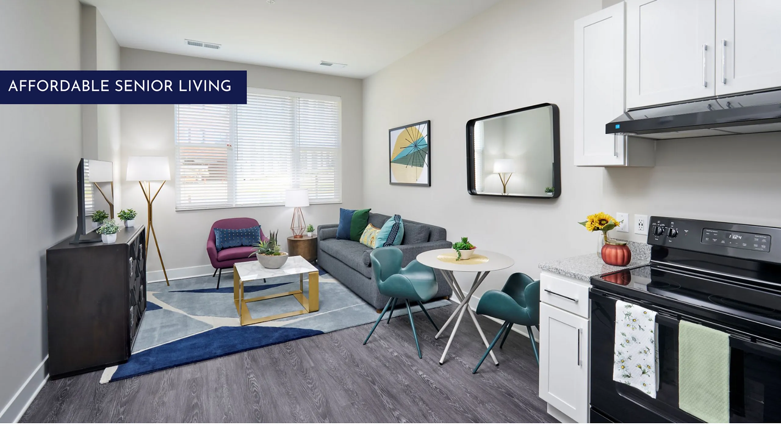 Photo of Belmont Kitchen and Living Room With Affordable Senior Living | Belmont at One University | Affordable Fairfax VA Apartments | Affordable 62+ Apartments
