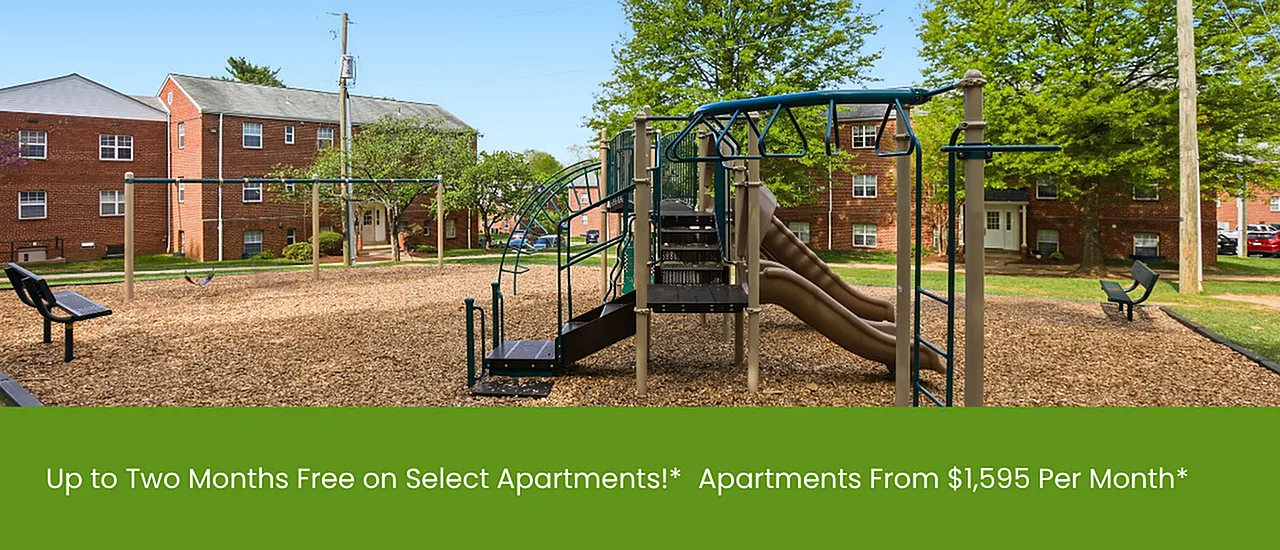 Image of East Falls Apartments Exterior Saying Up to Two Months Free on Select Apartments!* and Apartments From $1,595 Per Month* | Arlington VA Apartments | East Falls Apartments | Affordable Falls Church Apartments | Affordable Fairfax VA