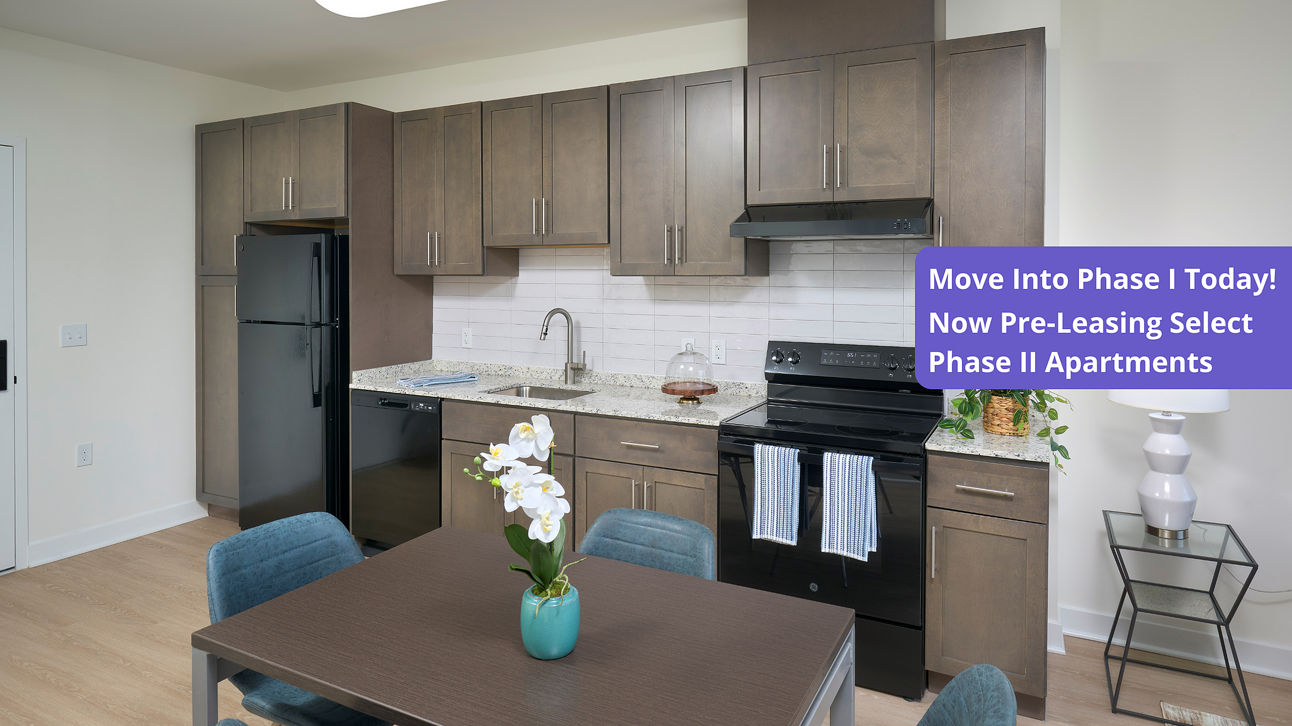 Photo of a Kitchen With a Banner Saying Move Into Phase I Today! Now Pre-Leasing Select Phase II Apartments | Indigo at McLean Station | Affordable Tysons Corner Apartments | Affordable Fairfax Apartments | Affordable McLean Aparments