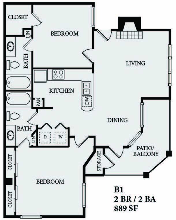 2 Bedroom 2 Bath  / 889 SF