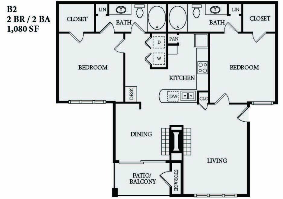 2 Bedroom 2 Bath  / 1,080 SF
