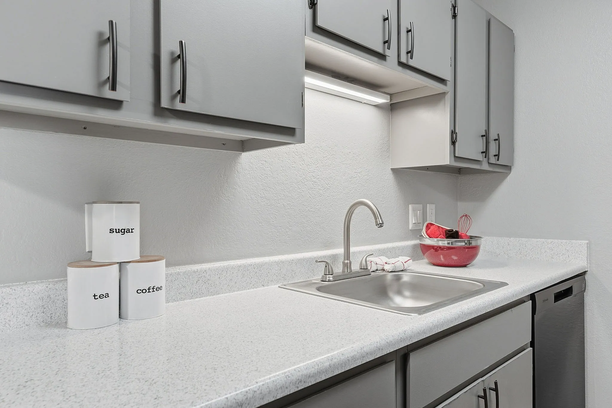 Sleek modern kitchen with stainless steel sink, elegant cabinetry, and stylish countertop accessories.
