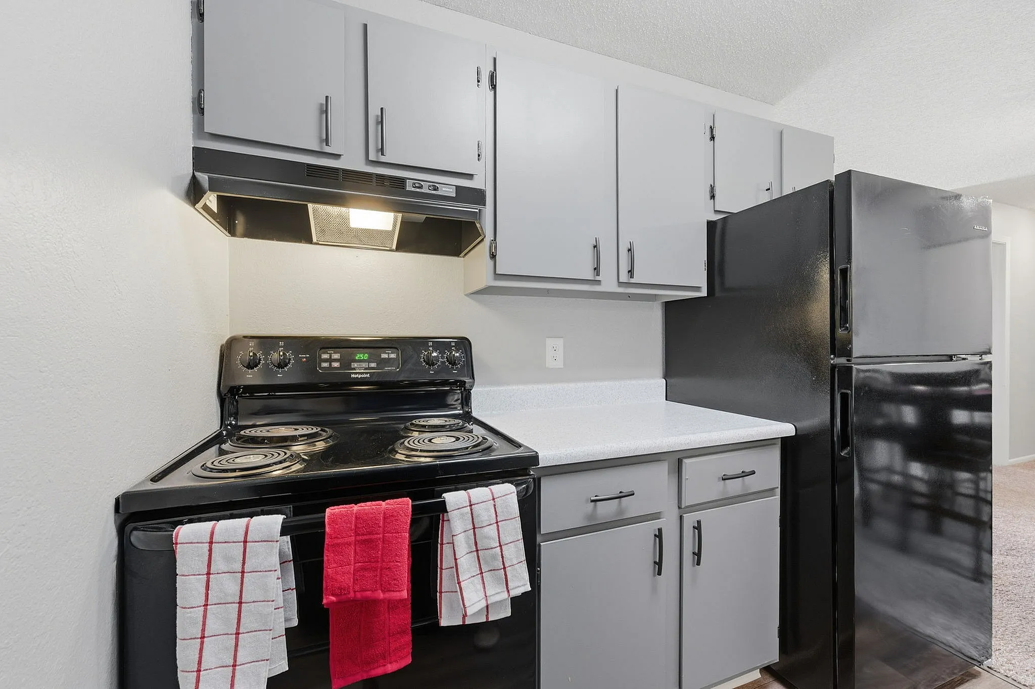 Modern kitchen with sleek black appliances, spacious countertops, and stylish gray cabinetry, offering a contemporary feel.