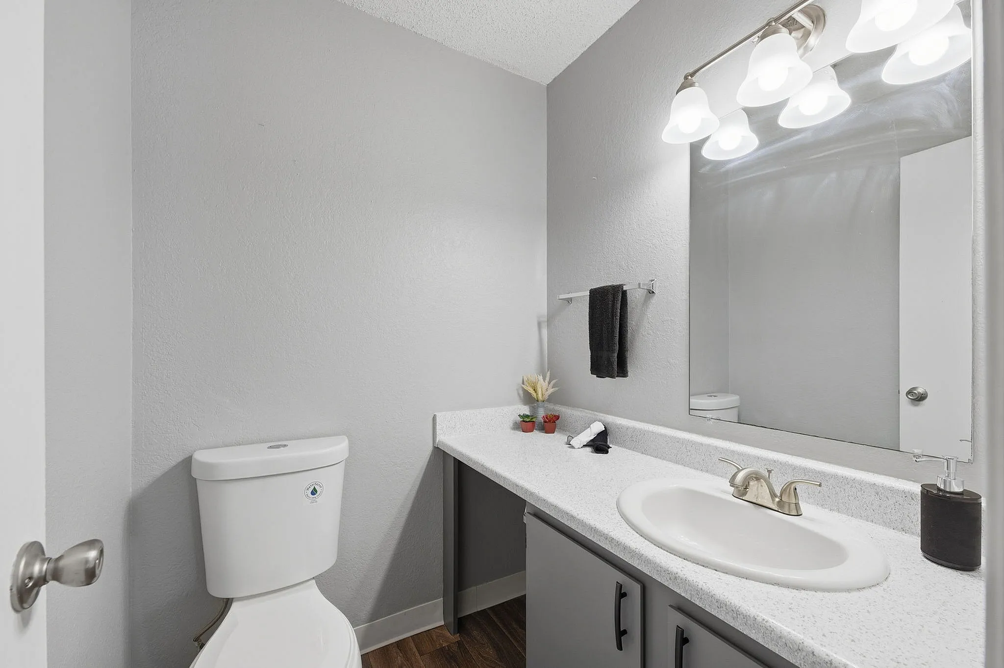 Elegant modern bathroom with sleek fixtures, soothing gray walls, and bright overhead lighting highlighting the spacious vanity area.