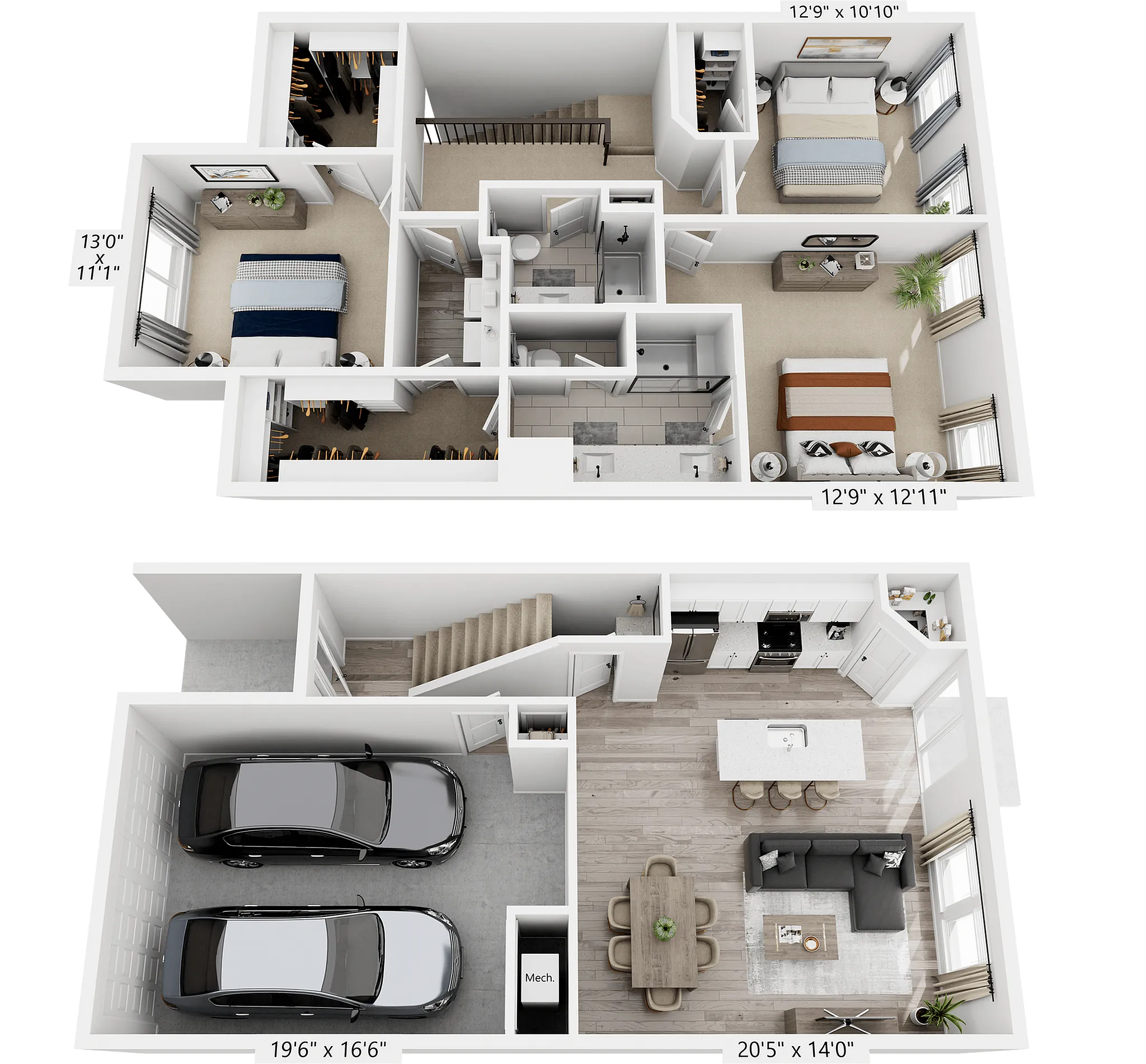 Elegant two-story floor plan showcasing 3 spacious bedrooms, an inviting open-concept living area, gourmet kitchen, and a double garage.