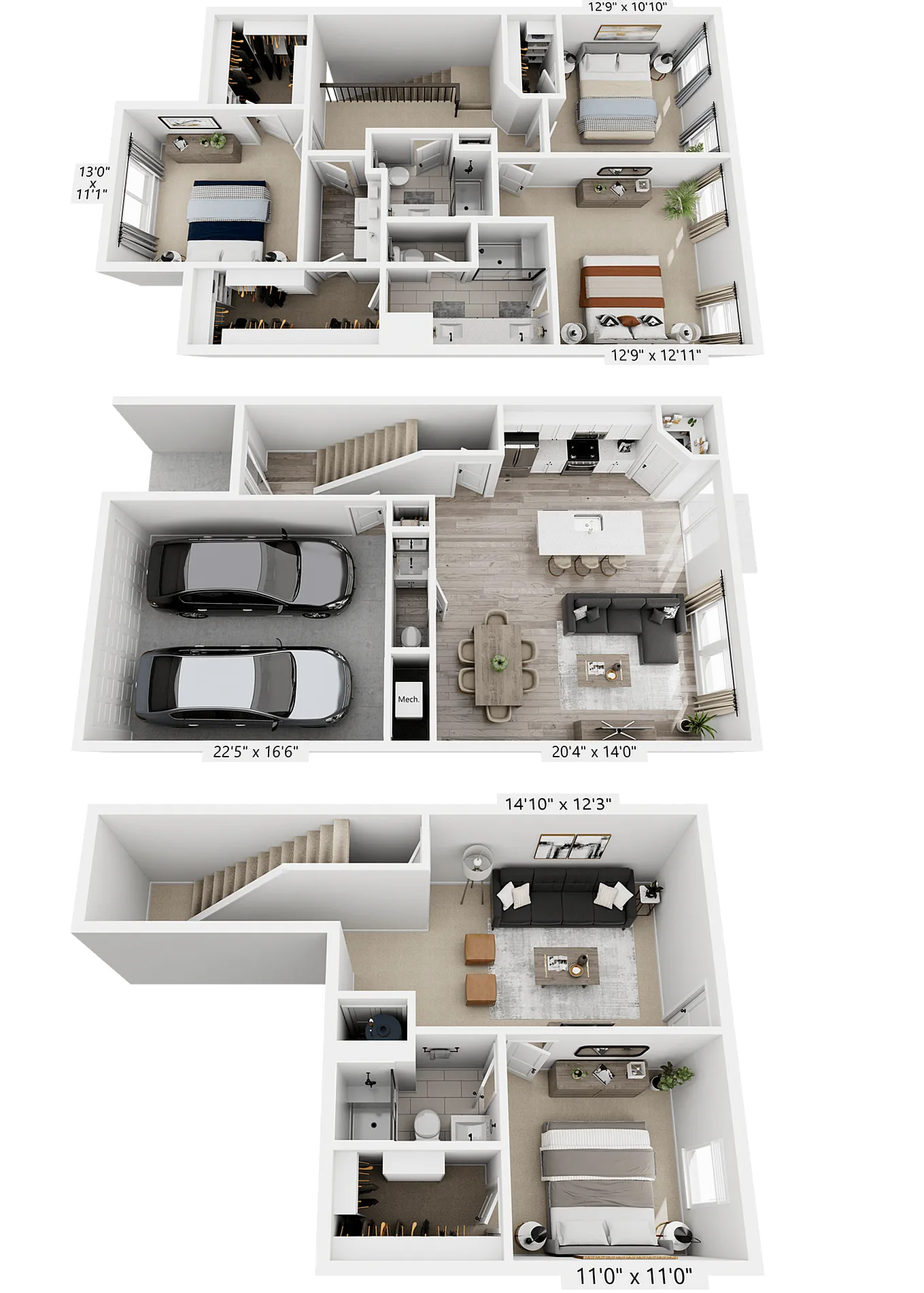 Modern 3D floor plan showcasing a spacious three-level apartment with two-car garage, open-concept kitchen and living area, three bedrooms, and a stylish entertainment room.
