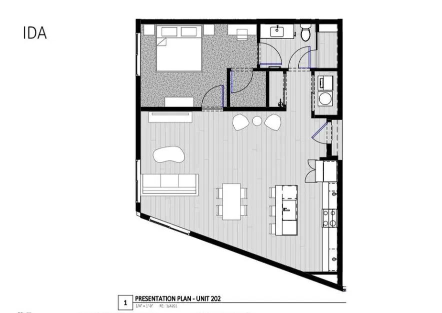 Chic floor plan for Unit 202 featuring 1 bedroom, a spacious open-plan living area, modern kitchen, and elegant bathroom layout.