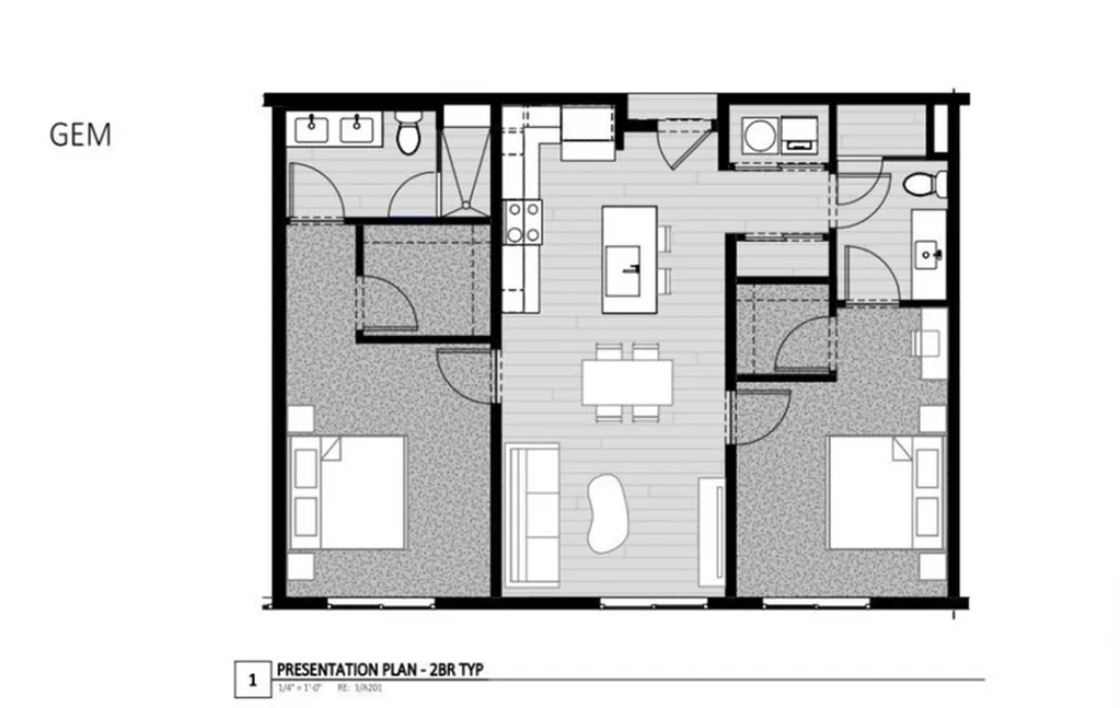 Modern 2-bedroom floor plan \'GEM\' featuring an open-concept living area, sleek kitchen, and two elegant bathrooms.