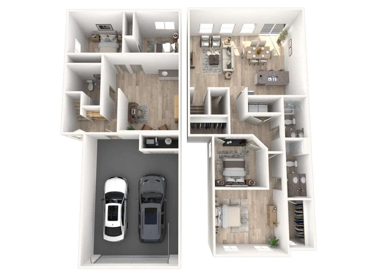 Chic 3D floor plan showcasing a modern layout with three bedrooms, spacious open-concept living and dining area, sleek kitchen, and convenient two-car garage.