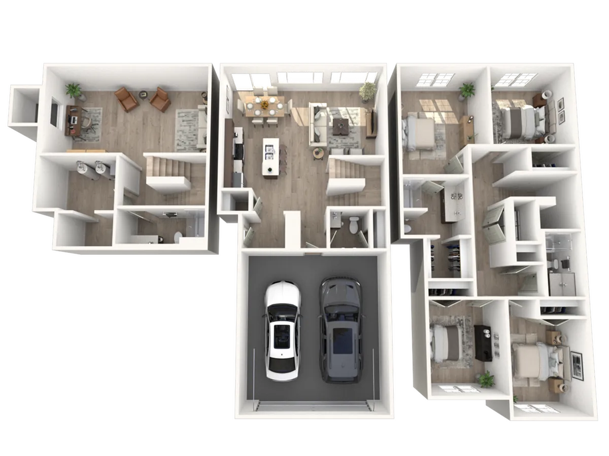 Spacious 3D floor plan featuring three luxurious bedrooms, modern open-concept living and dining area, sleek kitchen, two car garage, and chic office space.