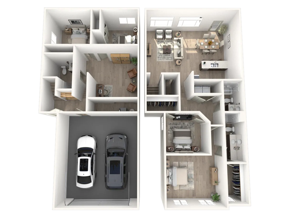 Elegant 3D floor plan showcasing a modern two-story home with three bedrooms, spacious open-concept living and dining area, stylish kitchen, and double garage.