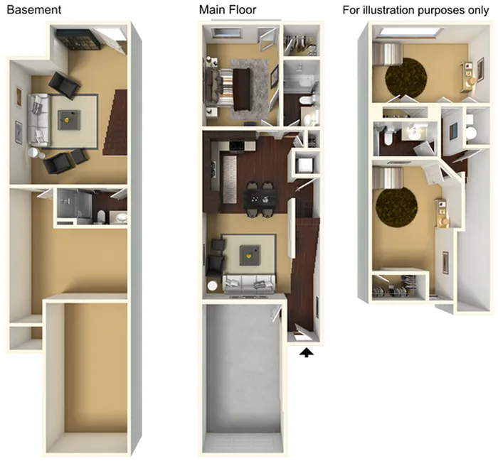 3D floor plan showcasing a stylish multi-level apartment with a spacious basement, contemporary main floor with open-concept living and dining area, and an upper level featuring cozy bedrooms and modern bathrooms.