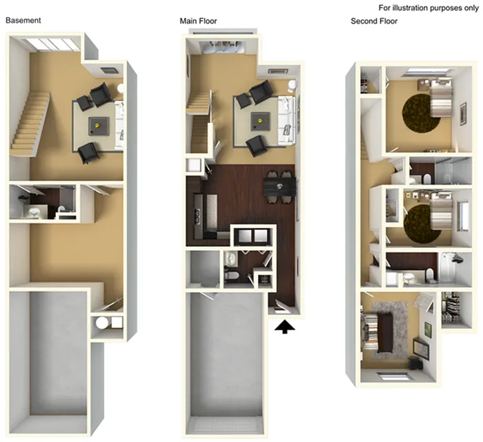 3D floor plan featuring a spacious layout with a basement, main floor with open living and dining area, and a second floor with two bedrooms and bathrooms.