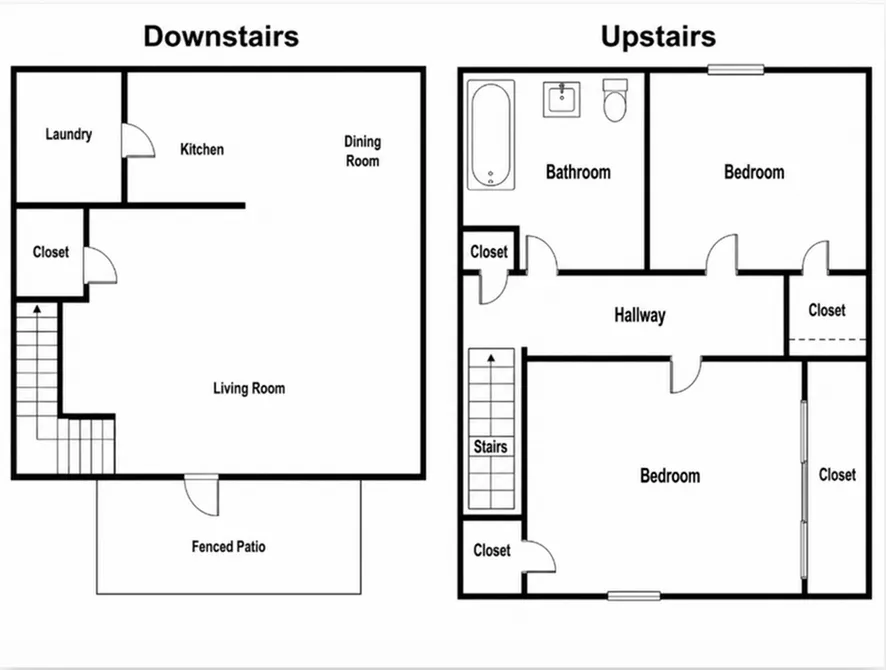 Charming two-story floor plan with spacious living room, kitchen, and dining area on the main level, leading to a fenced patio. Upstairs features two comfortable bedrooms, ample closet space, and a modern bathroom.
