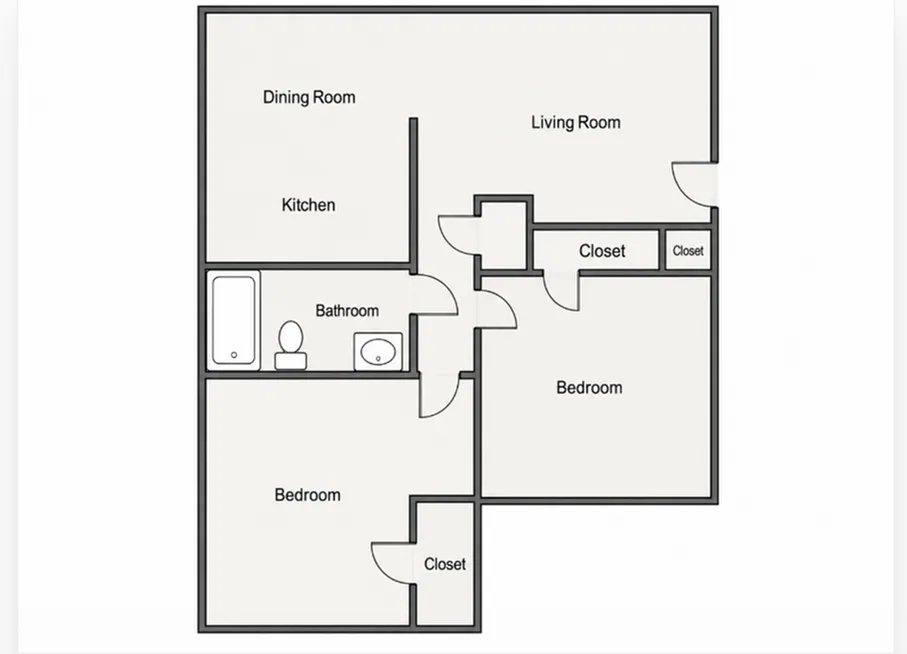 Modern 2-bedroom floor plan with dining room, spacious living area, and well-appointed kitchen.