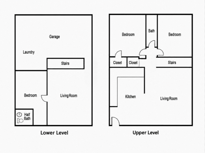 Modern two-level floor plan featuring three bedrooms, two baths, spacious living room, and a convenient kitchen and garage.