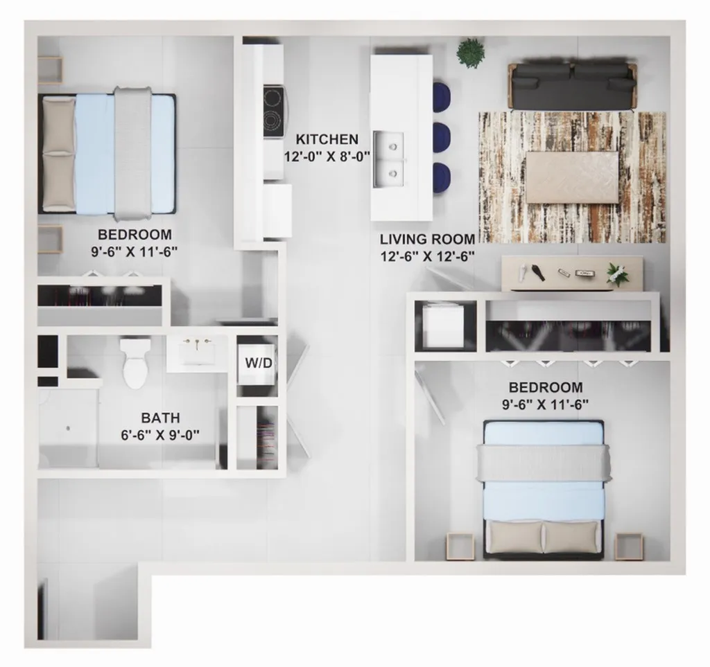 Chic floor plan featuring 2 bedrooms, a spacious living room, modern kitchen, and cozy bath, perfect for stylish living.