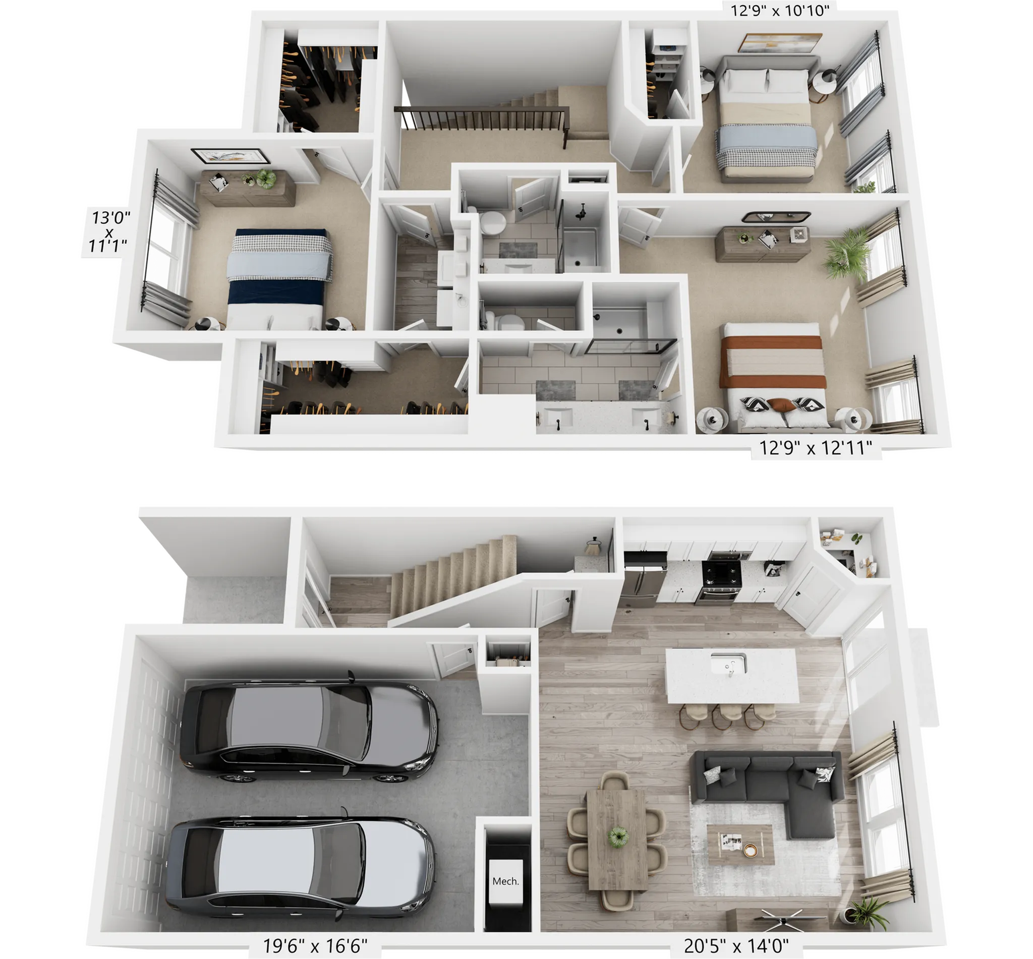 3D floor plan of a spacious two-story townhouse featuring three bedrooms, an open-concept kitchen, dining, and living area, and a two-car garage.