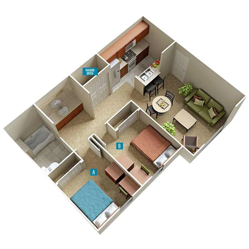 two bed 1 bath apartment floorplan
