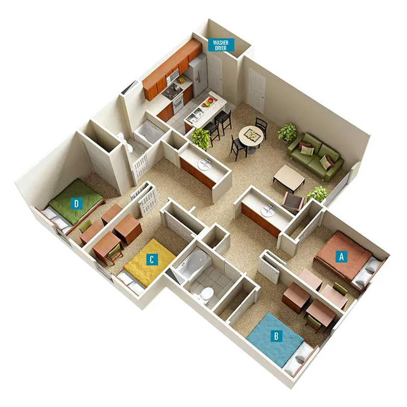 Four bed two bath apartment floorplan