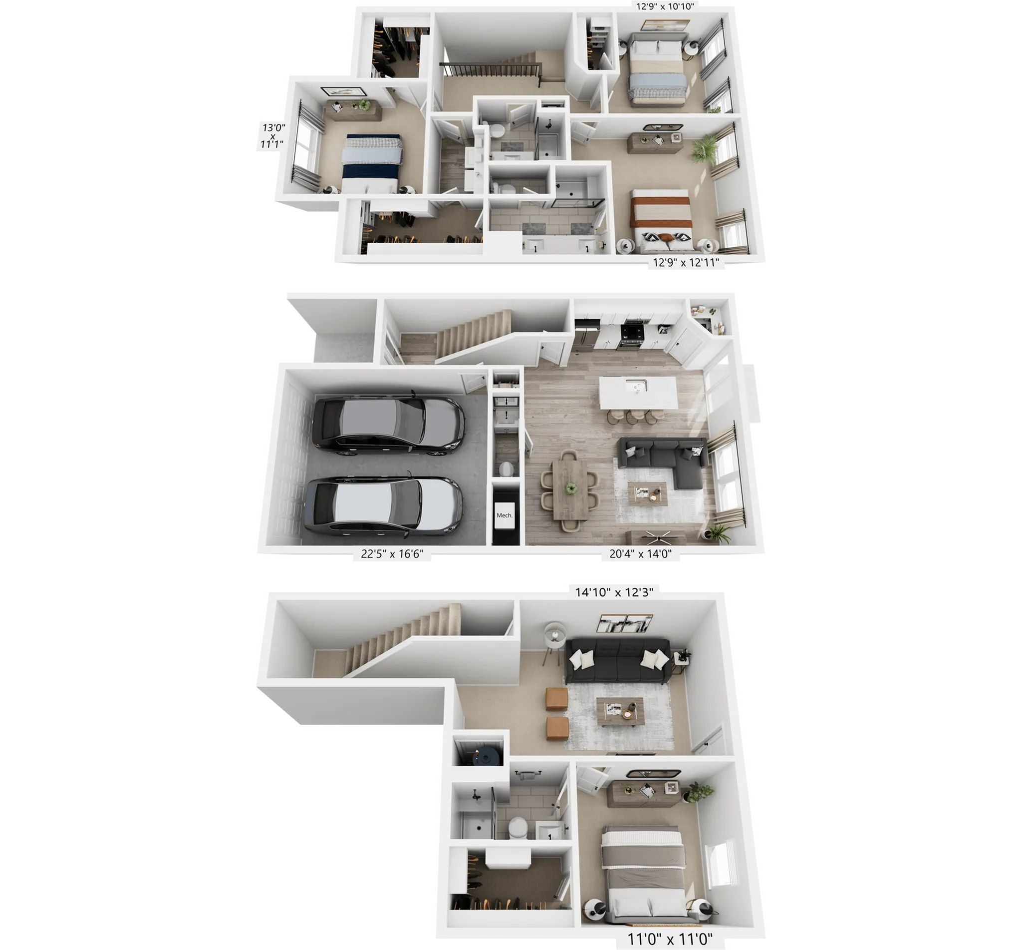 Modern multi-level floor plan with a spacious two-car garage, stylish kitchen, open-concept living area, three cozy bedrooms, and elegant bathrooms.