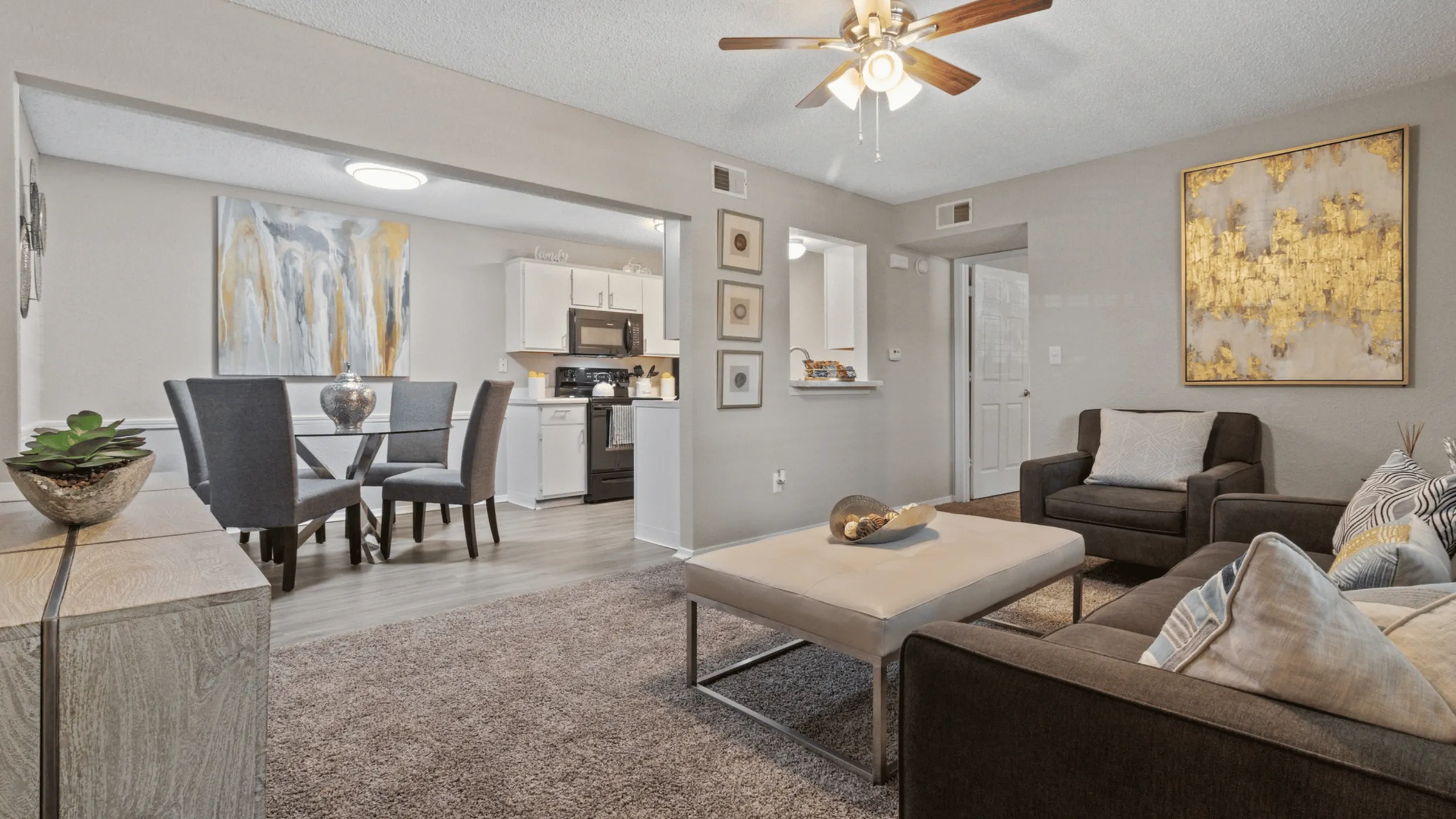 open floorplan, living, dining and kitchen