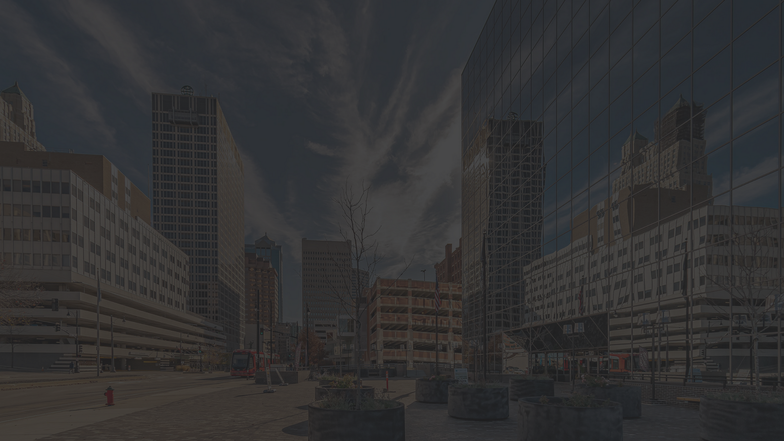 flashcube exterior looking into downtown kc with dark overlay