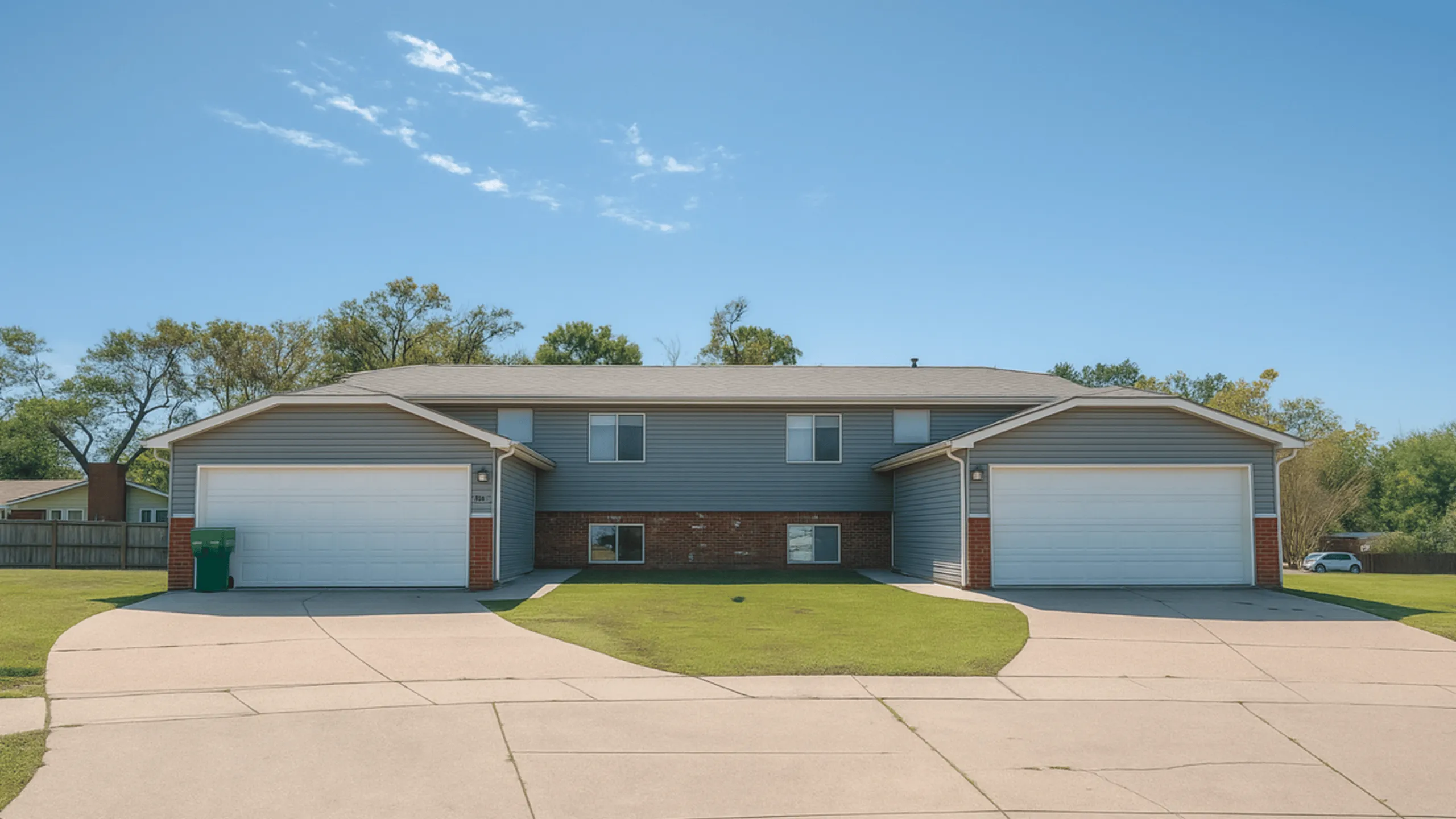 Charming suburban duplex with two spacious garages and well-maintained green lawns under a clear blue sky.